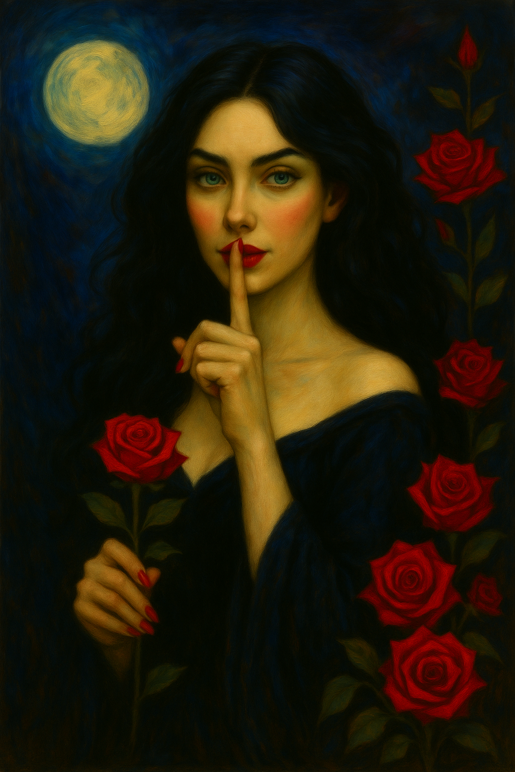 Artistic depiction of Evangeline Rose in the moonlight. One finger pressed to her lips, as if to say "shh" to the reader. In her other hand, she holds a single red rose.